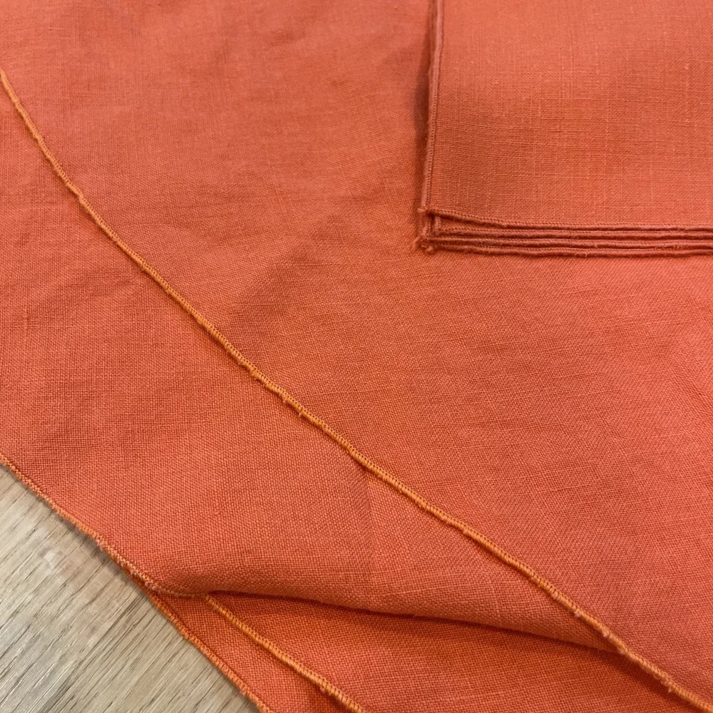 Vtg Burnt Orange Linen Tablecloth Set 6 Napkins Large 68x97 Oval Thanksgiving